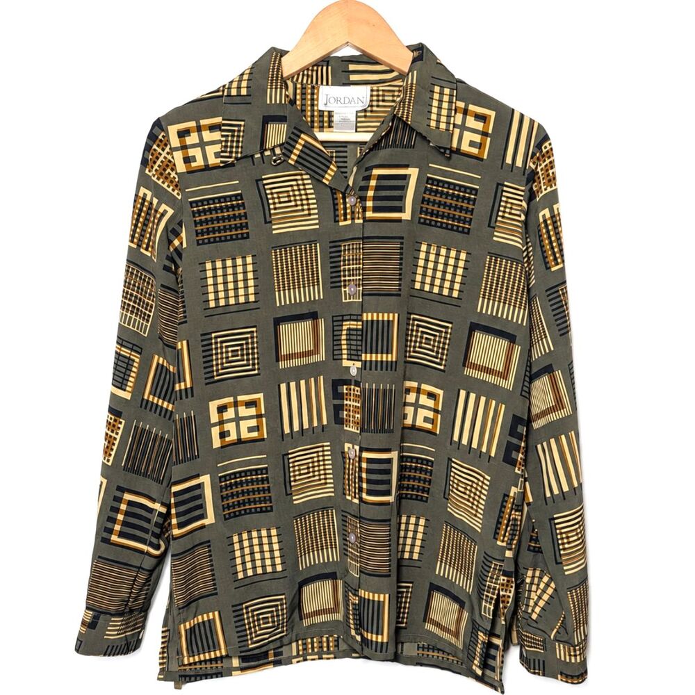Vintage 80s/90s Jordan New York Geometric Abstract Print Button Up Blouse S